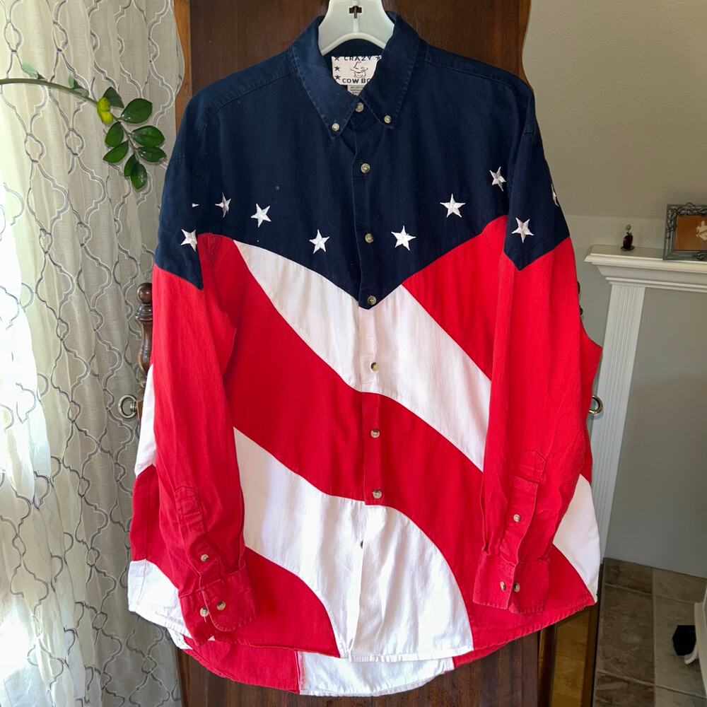 Vintage Crazy Cowboy Red White Blue Shirt Stars Stripes Texas America Size XL